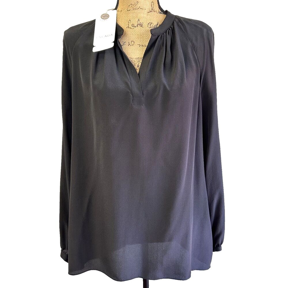 Escada Women's Black Silk V-Neck Long Sleeve Blouse Top Sz 8/38 Italy $ 350